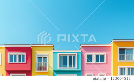 青空とカラフルな家が並んでいる背景素材 123004513
