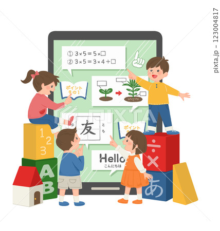 タブレットで勉強する子供たちのイラスト 123004817
