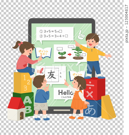 Illustration of kids studying on a tablet 123004817