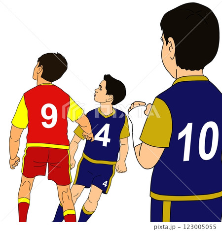 Three boys wearing soccer uniforms with numbers 9, 4, and 10 are shown facing away, seemingly focused on a game. Three boys wearing soccer uniforms with numbers 9, 4, and 10 are shown facing away, seemingly focused on a game. 123005055