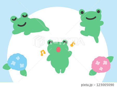 かわいい手描きのかえるとあじさいのイラストセット かわいい手描きのかえるとあじさいのイラストセット 123005090