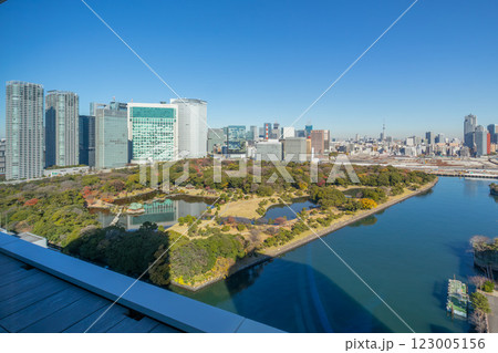 マリオット系のラグジュアリーホテル、メズム東京が入るウォーターズ竹芝から見る浜離宮恩賜庭園 123005156
