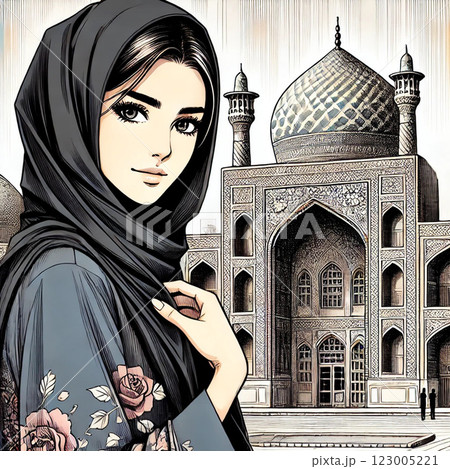 ヒジャブ付きの民族衣装を着た美しいイラン人女性 123005221