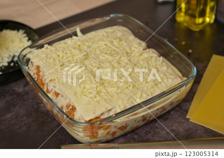 Homemade lasagna cooking preparation. Grated cheese, Bolognese sauce in a glass form. Lasagna pasta sheets. Cheese in a black bowl. Black background Homemade lasagna cooking preparation. Grated cheese, Bolognese sauce in a glass form. Lasagna pasta sheets. Cheese in a black bowl. Black background 123005314