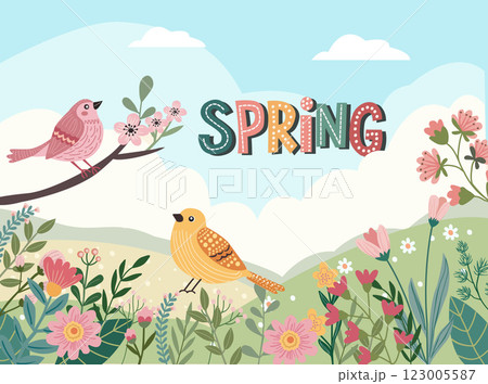panorama landscape of Spring field, spring flowers and birds. panorama landscape of Spring field, spring flowers and birds. 123005587