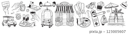 Hotel doodle icon set, vector hand drawn summer vacation villa luxury resort line illustration kit.  123005607