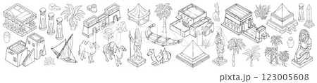 Egypt isometric map object set, vector hand drawn ancient architecture line landscape illustration.  123005608