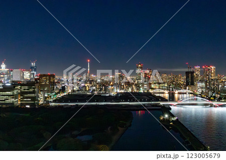 マリオット系のラグジュアリーホテル、メズム東京が入るウォーターズ竹芝から築地市場方面の夜景を見る 123005679