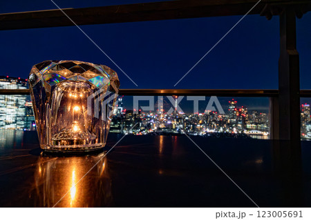 マリオット系のラグジュアリーホテル、メズム東京が入るウォーターズ竹芝から築地市場方面の夜景を見る 123005691