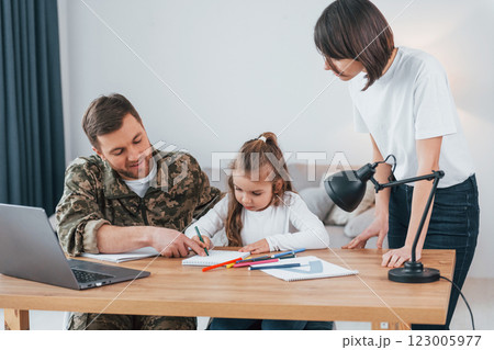 Sitting by the table. Soldier in uniform is at home with his wife and daughter Sitting by the table. Soldier in uniform is at home with his wife and daughter 123005977