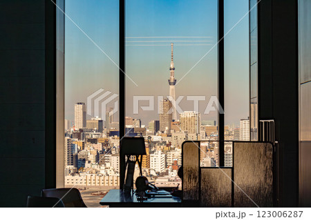 マリオット系のラグジュアリーホテル、メズム東京のフロント、ロビーから築地市場方面を見る 123006287