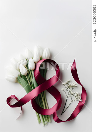 A bouquet of white tulips lies next to the number eight of red color from a satin ribbon on a pink background, A bouquet of white tulips lies next to the number eight of red color from a satin ribbon on a pink background, 123006593