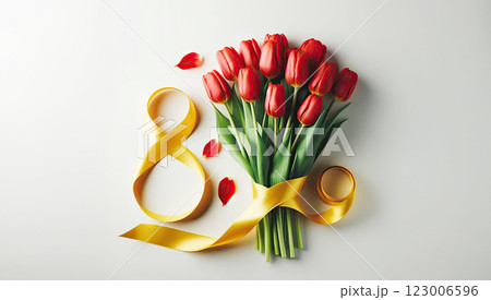 A bouquet of white tulips lies next to the number eight of pink color from a satin ribbon on a pink background, A bouquet of white tulips lies next to the number eight of pink color from a satin ribbon on a pink background, 123006596