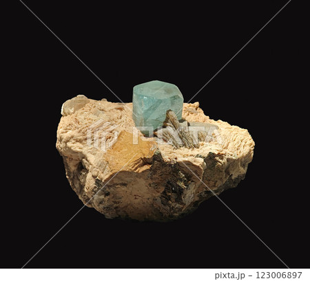 Detailed Close-Up View of Beautiful Blue Topaz Crystal Specimen on Dark Background 123006897