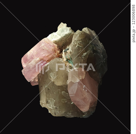 Detailed Close-Up View of Beautiful Pink and Green Tourmaline Crystal Specimen on Dark Background 123006898