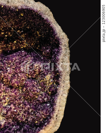 Close-Up View of Amethyst Quartz in Geode on Dark Background Close-Up View of Amethyst Quartz in Geode on Dark Background 123006905