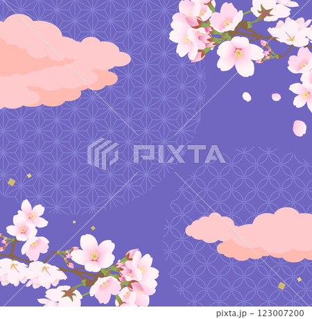 日本の伝統柄の桜と麻の葉模様と七宝模様のかっこいい背景紫 日本の伝統柄の桜と麻の葉模様と七宝模様のかっこいい背景紫 123007200