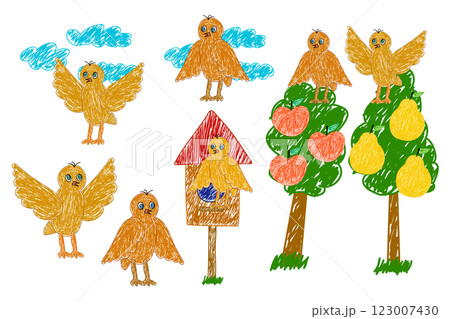 Hand-Drawn Birds, Birdhouse, and Fruit Trees 123007430