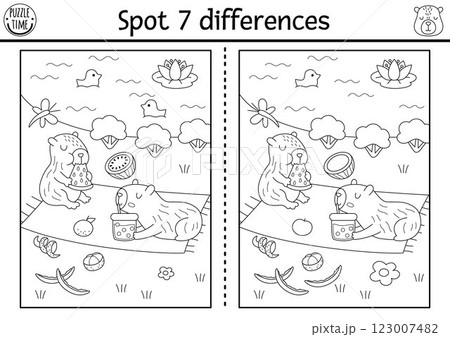 Find differences game for children. Capybara black and white educational activity with animal having picknick near pond. Line puzzle for kids with capibara. Printable worksheet, coloring page 123007482
