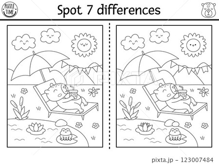 Find differences game for children. Capybara black and white educational activity with animal sunbathing in sun lounger. Puzzle for kids with capibara. Printable worksheet, coloring page 123007484