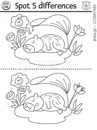 Find differences game for children. Capybara black and white educational activity with cute animal sitting on water lily pad. Puzzle for kids with capibara. Printable worksheet or coloring page 123007485