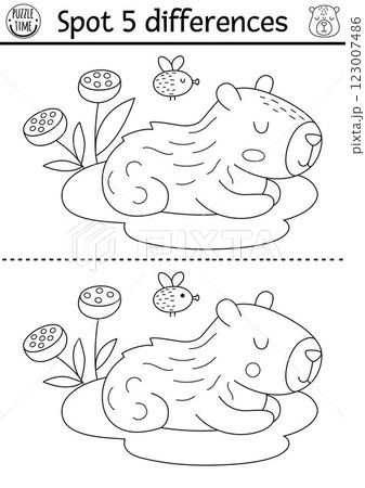 Find differences game for children. Capybara black and white educational activity with animal sitting on water lily pad. Line puzzle for kids with capibara. Printable worksheet or coloring page Find differences game for children. Capybara black and white educational activity with animal sitting on water lily pad. Line puzzle for kids with capibara. Printable worksheet or coloring page 123007486