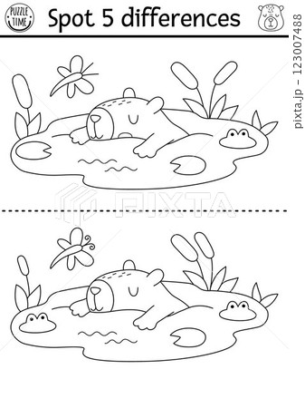 Find differences game for children. Capybara black and white educational activity with cute animal swimming in pond. Line puzzle for kids with capibara. Printable worksheet or coloring page Find differences game for children. Capybara black and white educational activity with cute animal swimming in pond. Line puzzle for kids with capibara. Printable worksheet or coloring page 123007488