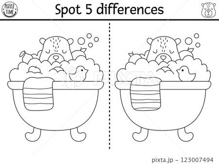 Find differences game for children. Capybara black and white activity with animal taking bubbly bath with tangerines. Line puzzle for kids with capibara. Printable worksheet, coloring page Find differences game for children. Capybara black and white activity with animal taking bubbly bath with tangerines. Line puzzle for kids with capibara. Printable worksheet, coloring page 123007494