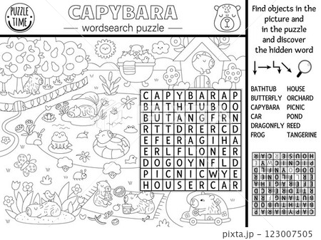 Vector capybara wordsearch puzzle for kids. Black and white word search quiz with summer nature landscape. Educational line activity with cute animals. Capibara cross word, coloring page 123007505