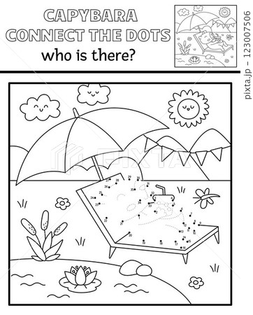 Vector capybara dot-to-dot and color activity with cute animal sunbathing, drinking lemonade, nature scene. Capibara black and white connect the dots game, coloring page for children 123007506