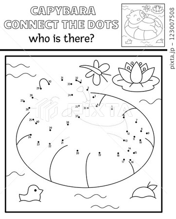 Vector line capybara dot-to-dot and color activity with cute animal swimming on floaty, nature scene. Capibara black and white connect the dots game, coloring page for children. Who is missing 123007508