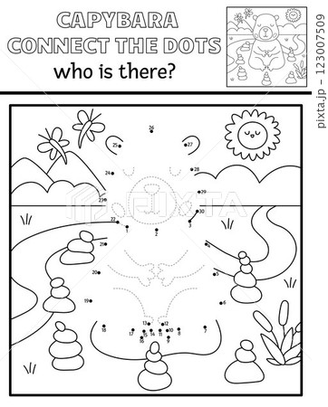 Vector line capybara dot-to-dot and color activity with cute animal meditating in rock garden, nature scene. Capibara black and white connect the dots game, coloring page for children 123007509