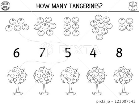 Match the numbers black and white capybara game with tangerine or orange tree. Capibara line math activity for preschool kids. Educational counting worksheet, coloring page with cute animal 123007543