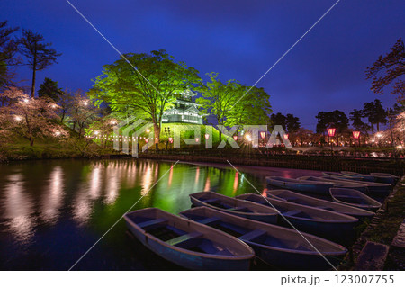 新潟県高田城のライトアップと夜桜 123007755