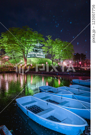 新潟県高田城のライトアップと夜桜 123007756