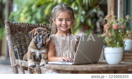 Cute caucasian girl in beautiful dress is making 123008303