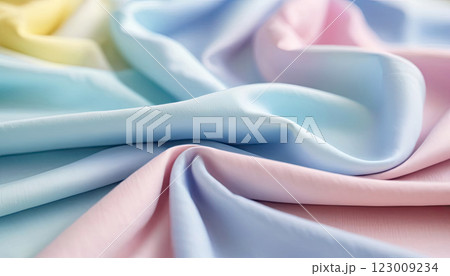 Flowing pastel colors pink, blue, yellow blend beautifully across the fabric waves, featuring gentle hues 123009234