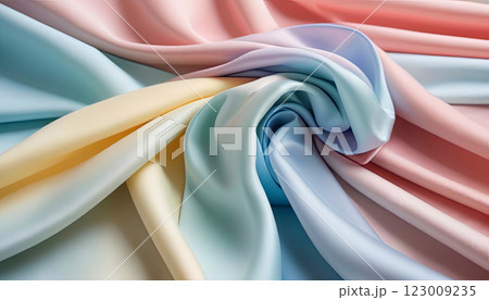 Flowing pastel colors pink, blue, yellow blend beautifully across the fabric waves, featuring gentle hues 123009235