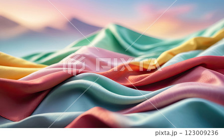 Flowing pastel colors pink, blue, yellow blend beautifully across the fabric waves, featuring gentle hues 123009236