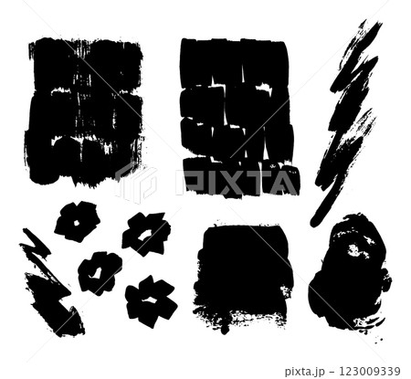 Grunge ink brush strokes elements. Black paint brush, stroke, line, grunge. Dirty textures of banners, boxes, frames and design elements. Black grunge brush stroke ink template collection 123009339