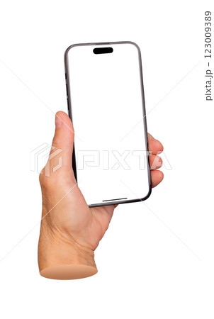 Elderly female hand holding a smartphone with a blank screen, fingers gently gripping the device. Elderly female hand holding a smartphone with a blank screen, fingers gently gripping the device. 123009389