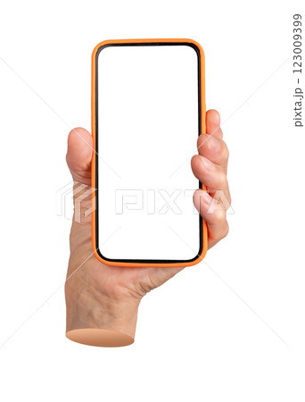 Elderly female hand holding a smartphone with an orange case and blank screen. Wrinkled fingers Elderly female hand holding a smartphone with an orange case and blank screen. Wrinkled fingers 123009399