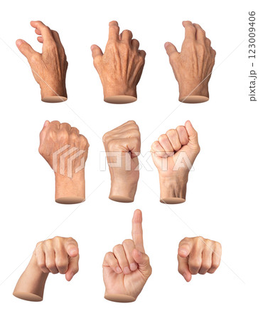 Elderly female hand in various expressive gestures, including pointing, gripping, reaching, and 123009406