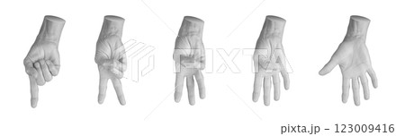 Set of elderly female hands displaying various counting gestures, including one to five, palm front 123009416