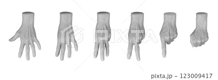 Set of elderly female hands displaying various counting gestures, including one to five, zero, and a 123009417