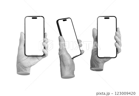 Set of elderly female hands holding smartphones with blank screens from various angles. Wrinkled Set of elderly female hands holding smartphones with blank screens from various angles. Wrinkled 123009420