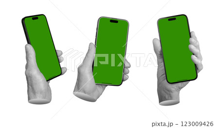Set of elderly female hands holding smartphones with green frames and blank screens. Wrinkled 123009426