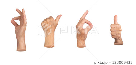 Set of elderly female hands making various approval gestures, including thumbs up and OK sign. Set of elderly female hands making various approval gestures, including thumbs up and OK sign. 123009433