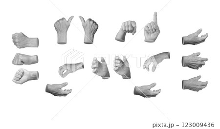Set of elderly female hands making various gestures, including grabbing, fist, pointing, thumbs up, 123009436