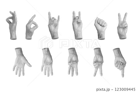 Set of elderly female hands making various gestures, including thumbs up, OK sign, peace sign, 123009445